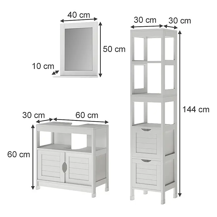 Vicco Badmöbel-Set Vilda Weiß 3 Teile - Weiß, Matt - Weißes Badmöbel-Set aus Holz mit Spiegel, Waschtischunterschrank und hohem Regal mit Schubladen.