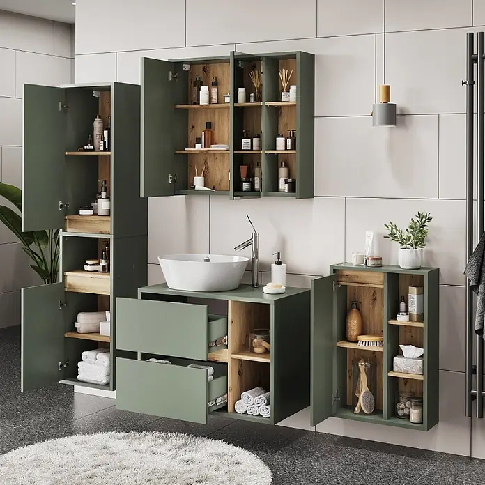 Vicco Badmöbel-Set Viola Grün/Artisan 4 Teile - Grün, Matt - Salbeigrüne Badschränke und Waschtischunterschrank mit Holzdetails, bieten organisierten Stauraum für Pflegeprodukte und Handtücher.