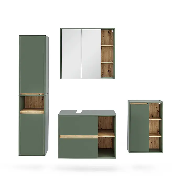 Vicco Badmöbel-Set Viola Grün/Artisan 4 Teile - Grün, Matt - Mattgrünes modulares Badmöbelset mit Holzelementen: Hochschrank, Spiegelschrank, Waschtischunterschrank und Seitenschrank.
