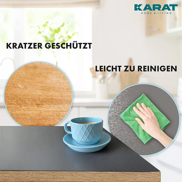 Karat Tischbelag Schräge Kante - 140 x 80 cm, Dunkelgrau, Kunststoff - Dunkelgraue Küchenarbeitsplatte, die Kratzschutz und einfache Reinigung demonstriert, verglichen mit einem zerkratzten Schneidebrett.