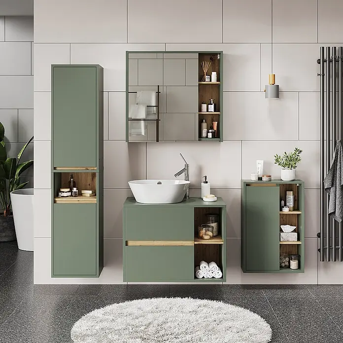 Vicco Badmöbel-Set Viola Grün/Artisan 4 Teile - Grün, Matt - Modernes Badmöbel-Set in Salbeigrün mit Naturholz-Akzenten, bestehend aus Hochschrank, Waschtisch mit Waschbecken, Spiegelschrank und Wandschrank.