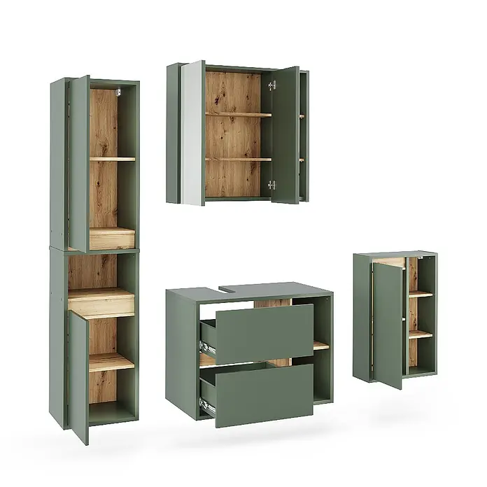 Vicco Badmöbel-Set Viola Grün/Artisan 4 Teile - Grün, Matt - Set grüner Badschränke mit Holzinterieur, darunter hohe, wandmontierte und Waschtischeinheiten mit Schubladen.