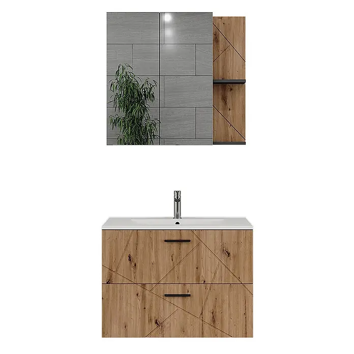 Vicco Badmöbel-Set Irma Anthrazit/Artisan 3 Teile - Anthrazit, Matt - Moderner Waschtisch aus Holz mit geometrischem Muster, integriertem weißen Waschbecken und Chromarmatur.