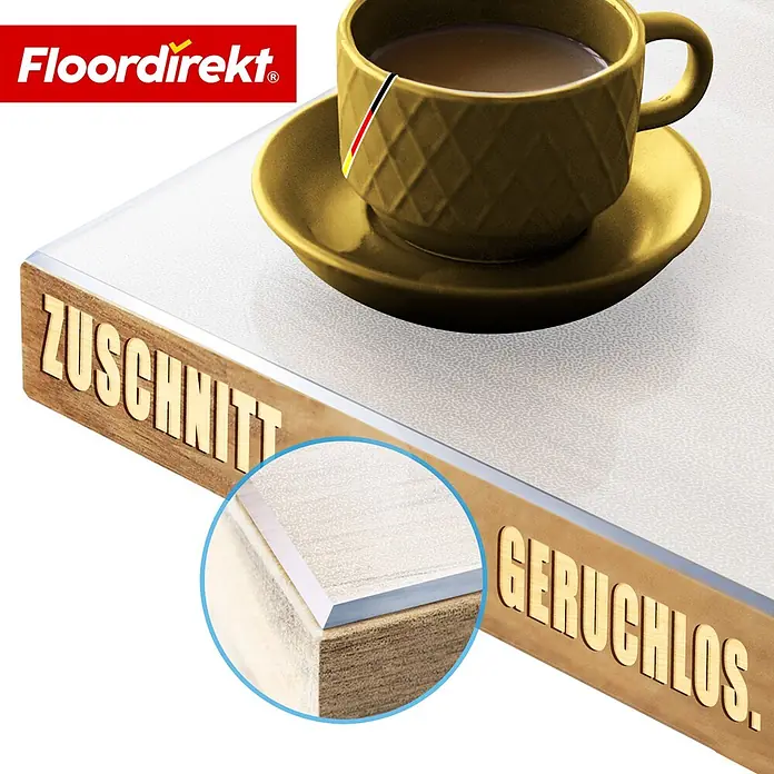 Floordirekt Tischbelag Schräge Kante - 200 x 100 cm, Milchig, Kunststoff - Weiße, gemusterte Arbeitsplatte mit Holzkern und Aluminiumkante; Zuschnitt und geruchlose Eigenschaften betont.