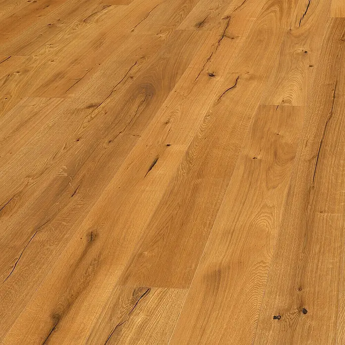 LOGOCLIC Parkett - Eiche Creativ, Landhausdiele, 2.200 x 180 x 11 mm - Detailaufnahme eines Eichenparkettbodens mit natürlicher Maserung und warmen Farbtönen, ideal für ein gemütliches Wohnambiente.