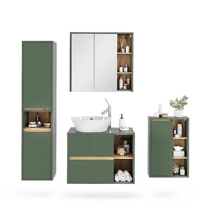 Vicco Badmöbel-Set Viola Grün/Artisan 4 Teile - Grün, Matt - Grünes Badmöbel-Set mit Holzdetails, bestehend aus Waschtischunterschrank mit Waschbecken, Hochschrank, Spiegelschrank und kleinem Wandschrank.