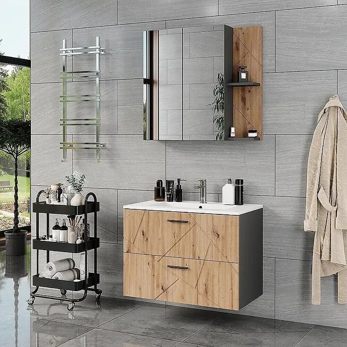 Vicco Badmöbel-Set Irma Anthrazit/Artisan 3 Teile - Anthrazit, Matt - Modernes Badmöbel-Set mit Waschtischunterschrank in Holzoptik, weißem Waschbecken und Spiegelschrank.