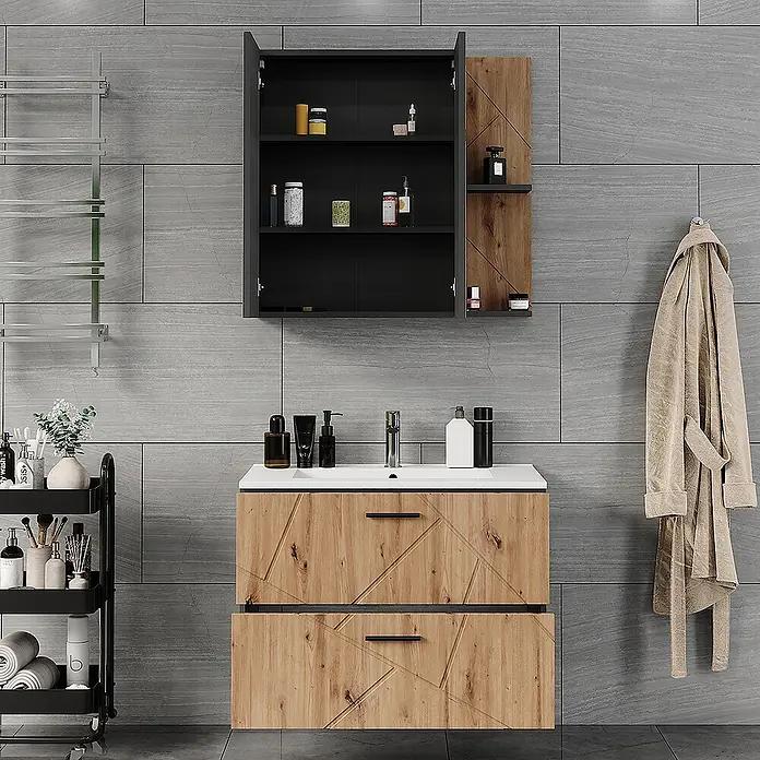 Vicco Badmöbel-Set Irma Anthrazit/Artisan 3 Teile - Anthrazit, Matt - Moderner Badwaschtisch mit geometrischen Holzschubladen und weißem Waschbecken, kombiniert mit einem passenden Spiegelschrank.