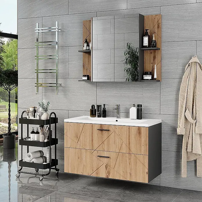 Vicco Badmöbel-Set Irma Anthrazit/Artisan 3 Teile - Anthrazit, Matt - Moderner Waschtisch aus hellem Holz mit weißem Waschbecken, geometrischen Schubladen und passendem Spiegelschrank.