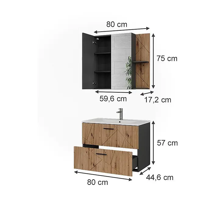 Vicco Badmöbel-Set Irma Anthrazit/Artisan 3 Teile - Anthrazit, Matt - Badezimmermöbel-Set mit Spiegelschrank und Waschbeckenunterschrank mit Schubladen, in Holzoptik und Dunkelgrau.