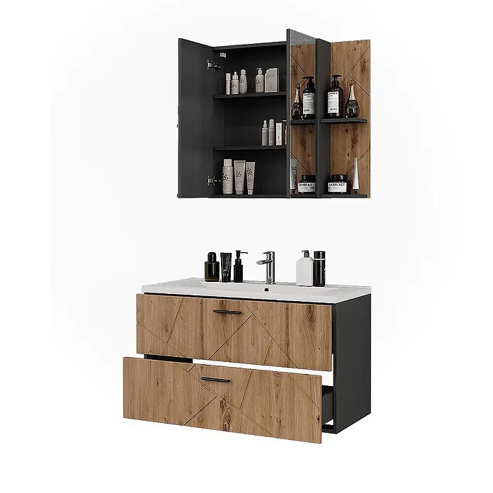 Vicco Badmöbel-Set Irma Anthrazit/Artisan 3 Teile - Anthrazit, Matt - Moderne Badezimmerwaschtisch mit weißem Waschbecken und Holzschubladen, dazu ein dunkelgrauer und hölzerner Wandschrank mit offenem und geschlossenem Stauraum.