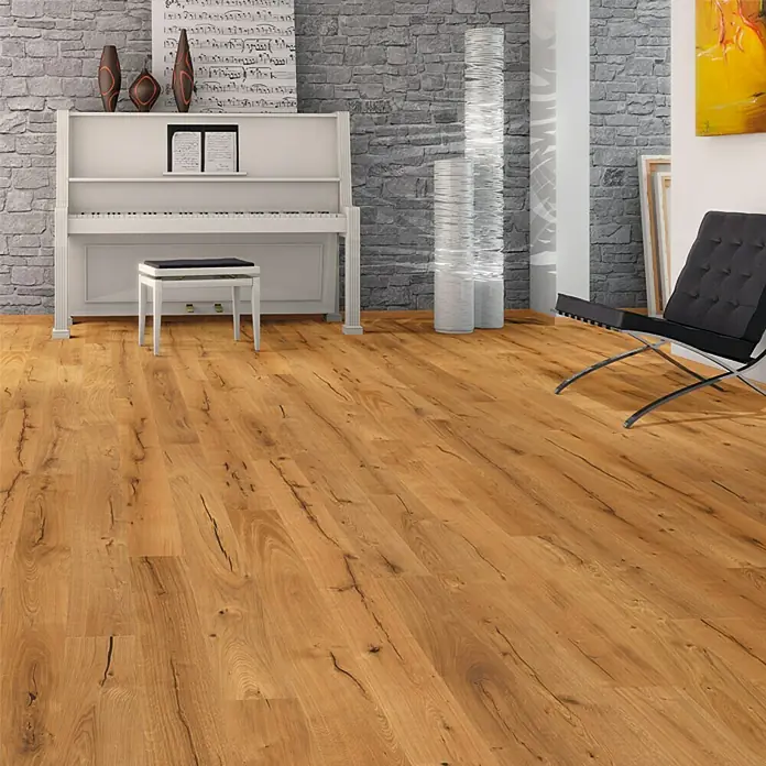 LOGOCLIC Parkett - Eiche Creativ, Landhausdiele, 2.200 x 180 x 11 mm - Elegantes Interieur mit einem hellen Holzfußboden, der Wärme und Natürlichkeit in den Raum bringt. Der Boden harmoniert perfekt mit dem restlichen Mobiliar.