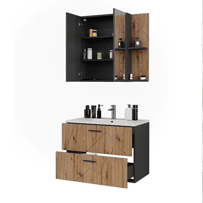 Vicco Badmöbel-Set Irma Anthrazit/Artisan 3 Teile - Anthrazit, Matt - Badezimmermöbel-Set: Waschtischunterschrank mit hellen Holzschubladen und dunklem Rahmen, weißem Waschbecken und passendem Wandschrank.