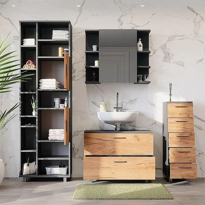 Vicco Badmöbel-Set Ilias Goldkraft Eiche/Anthrazit 4 Teile, mit Hochschrank - Goldkraft Eiche, Matt - Badmöbel-Set in Dunkelgrau und Holzoptik mit Hochschrank, Waschtisch, Spiegelschrank und Kommode.