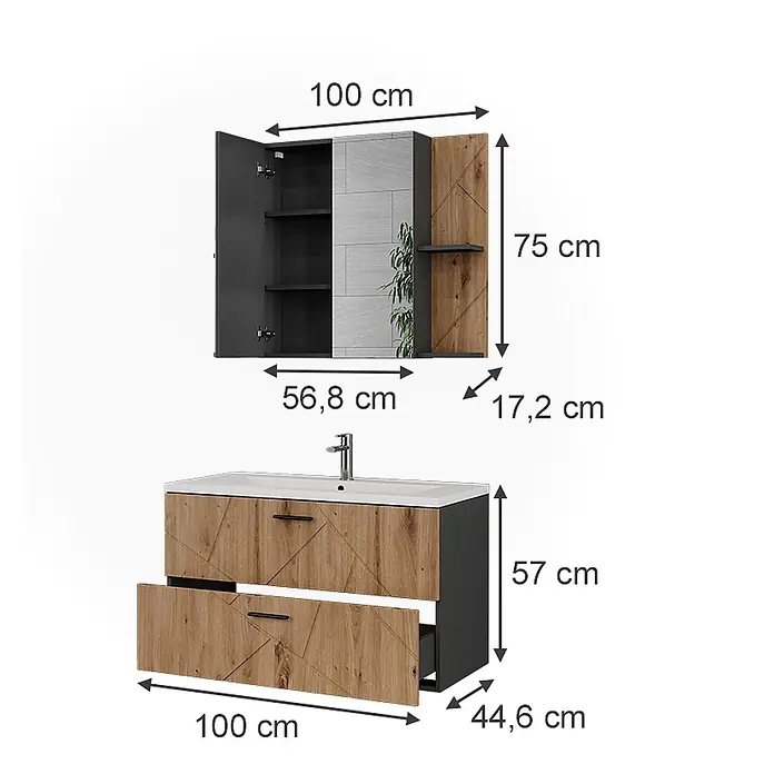 Vicco Badmöbel-Set Irma Anthrazit/Artisan 3 Teile - Anthrazit, Matt - Zweiteiliges Badmöbel-Set mit Holzoptikfronten und dunkelgrauen Elementen, bestehend aus einem Wandschrank und einem Waschbeckenunterschrank.