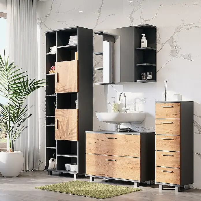 Vicco Badmöbel-Set Ilias Goldkraft Eiche/Anthrazit 4 Teile, mit Hochschrank - Goldkraft Eiche, Matt - Modernes Badmöbelset: dunkelgraue Rahmen, helle Holzfronten. Hochschrank, Waschtisch, Spiegelschrank und Kommode.