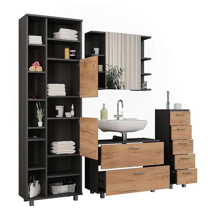 Vicco Badmöbel-Set Ilias Goldkraft Eiche/Anthrazit 4 Teile, mit Hochschrank - Goldkraft Eiche, Matt - Modernes anthrazitfarbenes Badmöbel-Set in Holzoptik mit Waschbecken, Spiegelschrank, hohem Regal und mehreren Schubladen.