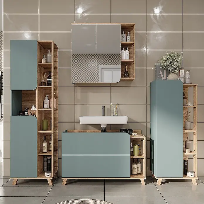 Vicco Badmöbel-Set Karen Sonoma/Blau 4 Teile - Sonoma, Matt - Modulares Badmöbel-Set aus hellem Holz und Salbeigrün, mit Waschtisch und Schränken mit offenen und geschlossenen Fächern.