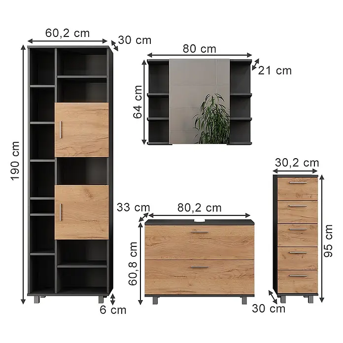 Vicco Badmöbel-Set Ilias Goldkraft Eiche/Anthrazit 4 Teile, mit Hochschrank - Goldkraft Eiche, Matt - Modulares Möbelset in Dunkelgrau und Eichenoptik, bestehend aus hohem Bücherregal, Wandregal und zwei Kommoden. Maße angezeigt.
