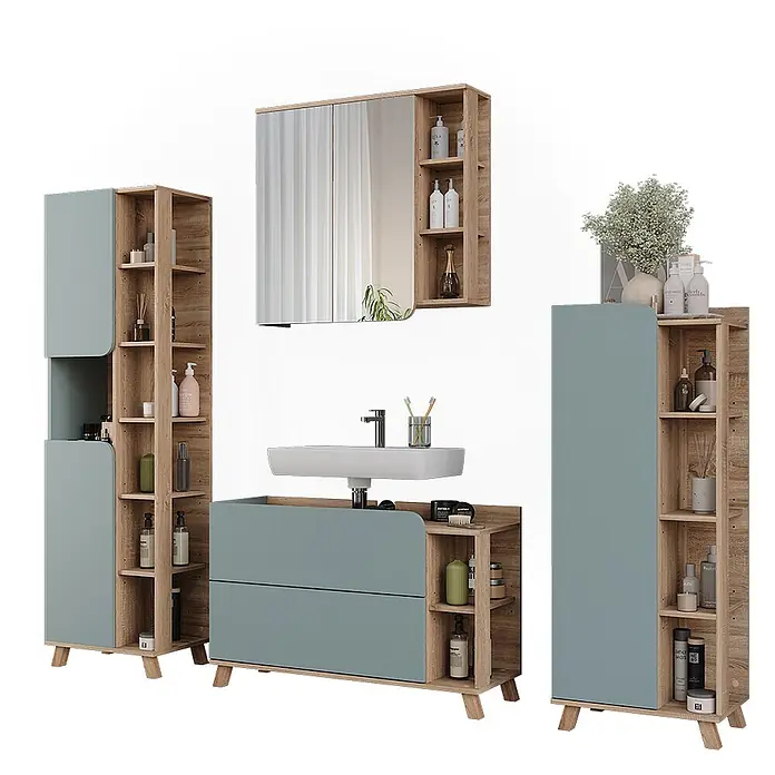 Vicco Badmöbel-Set Karen Sonoma/Blau 4 Teile - Sonoma, Matt - Badezimmermöbel-Set aus hellem Holz und hellblauen Elementen, bestehend aus Waschtisch mit Waschbecken, Spiegelschrank und zwei Hochschränken.