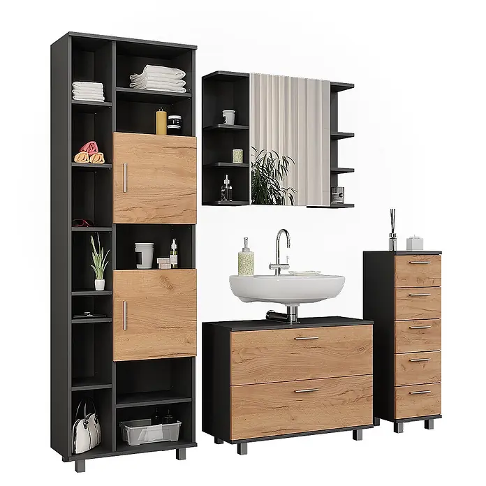 Vicco Badmöbel-Set Ilias Goldkraft Eiche/Anthrazit 4 Teile, mit Hochschrank - Goldkraft Eiche, Matt - Badmöbel-Set in Dunkelgrau und hellem Holz, bestehend aus Hochschrank, Waschtisch mit Waschbecken, Spiegelschrank und Kommode.
