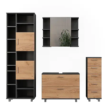 Vicco  Badmöbel-Set Ilias Goldkraft Eiche/Anthrazit 4 Teile, mit Hochschrank