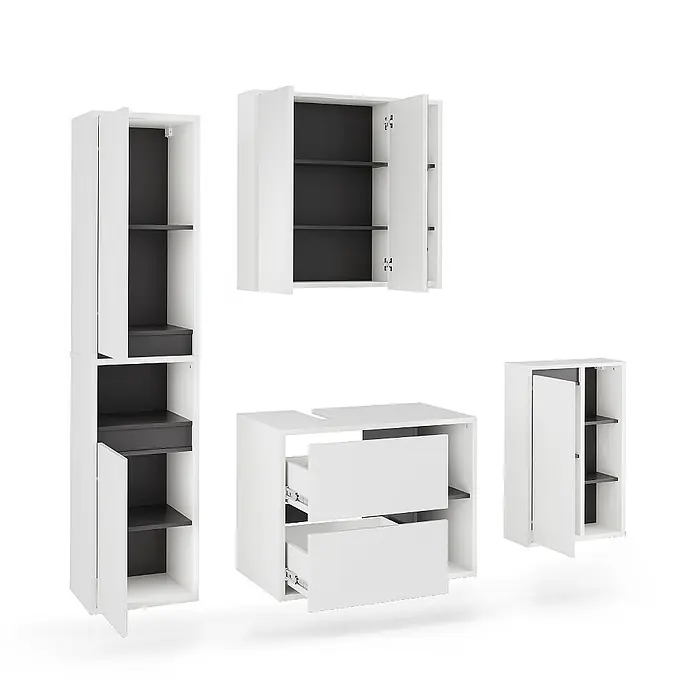 Vicco Badmöbel-Set Viola Weiß/Grau 4 Teile - Weiß, Matt - Set weißer und dunkelgrauer modularer Badezimmerschränke mit geöffneten Türen und Schubladen.