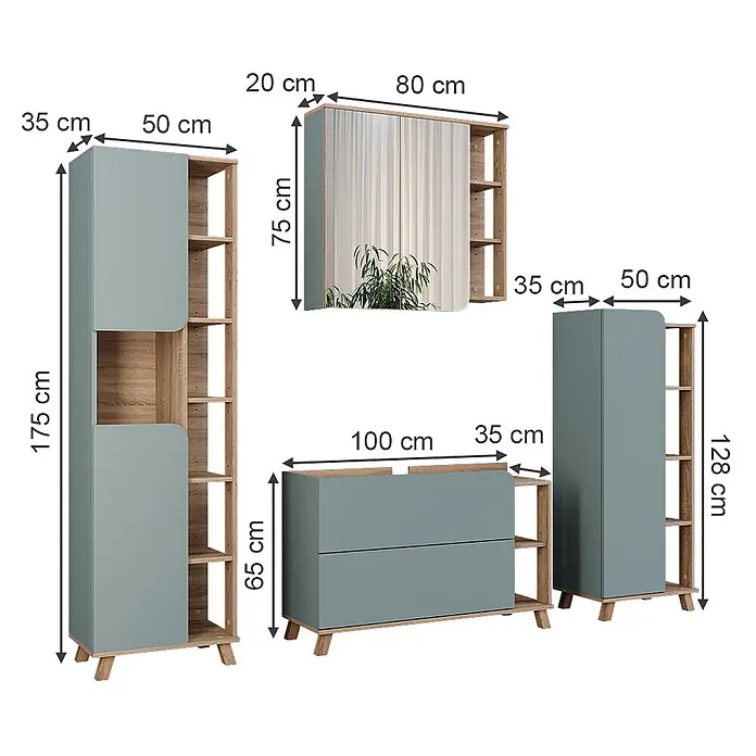 Vicco Badmöbel-Set Karen Sonoma/Blau 4 Teile - Sonoma, Matt - Modulares Möbelset in Salbeigrün und hellem Holz, mit Hochschrank, Spiegelelement, Kommode und kleinerem Schrank mit Regalen.