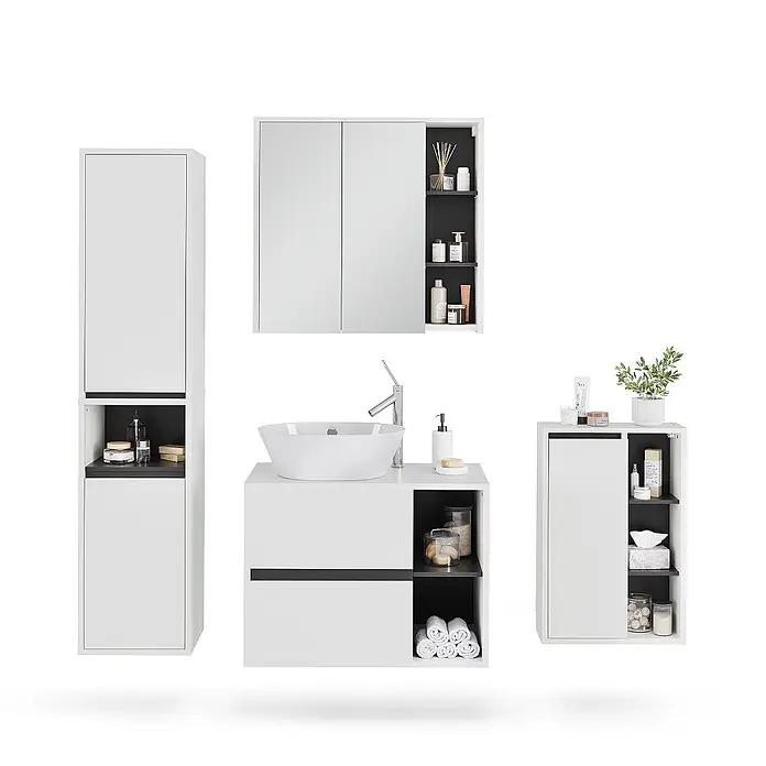 Vicco Badmöbel-Set Viola Weiß/Grau 4 Teile - Weiß, Matt - Modernes weiß-dunkelgraues Badezimmermöbelset mit Waschtisch, Hochschrank, Spiegelschrank und Beistellschrank.