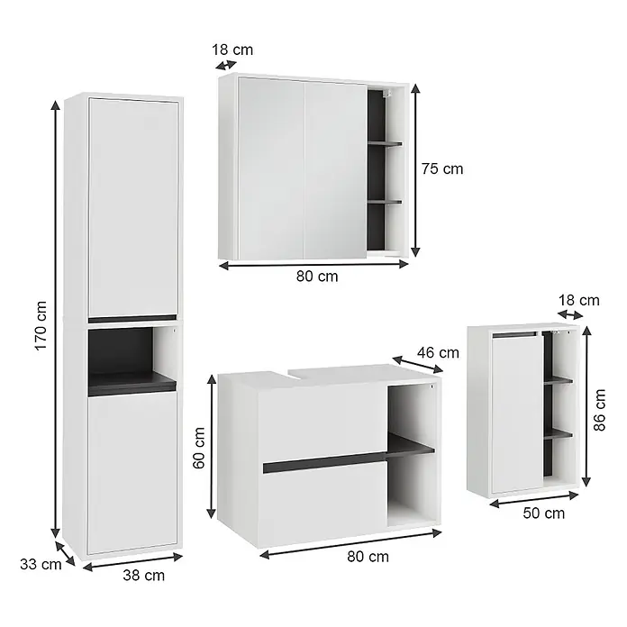 Vicco Badmöbel-Set Viola Weiß/Grau 4 Teile - Weiß, Matt - Weiß-dunkelgraues Badmöbel-Set mit verschiedenen Schränken und Spiegelschrank, Maße dargestellt.
