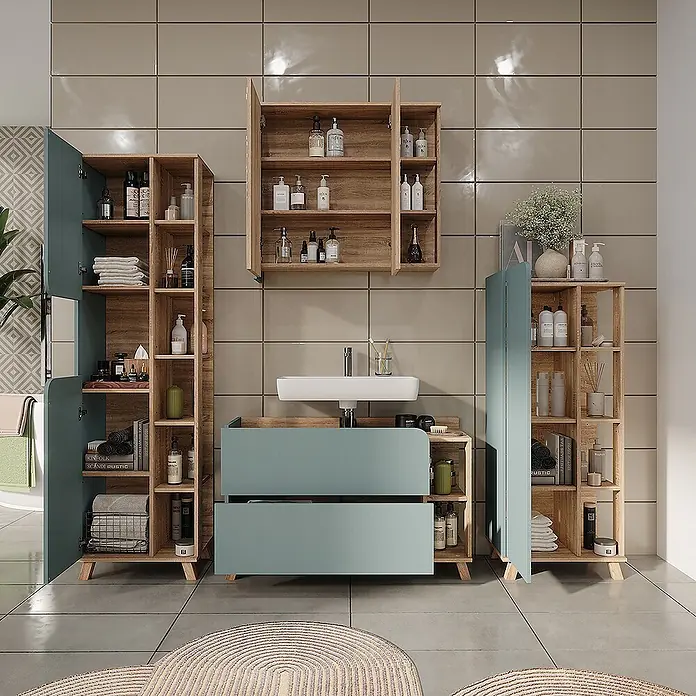 Vicco Badmöbel-Set Karen Sonoma/Blau 4 Teile - Sonoma, Matt - Modernes Badezimmermöbel-Set aus hellem Holz und Staubblau, mit Waschtisch, Wandschrank und zwei hohen Regaleinheiten.
