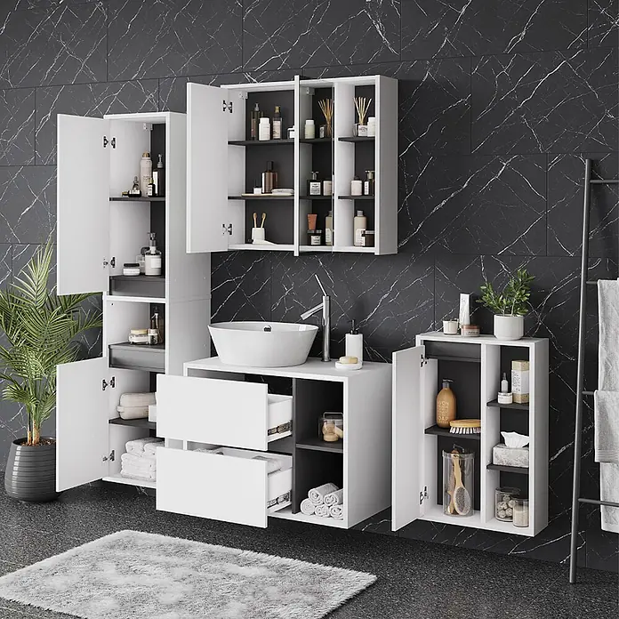 Vicco Badmöbel-Set Viola Weiß/Grau 4 Teile - Weiß, Matt - Weiß-dunkelgraues Badezimmermöbel-Set mit Waschbecken und verschiedenen Schränken für ein funktionales Bad.