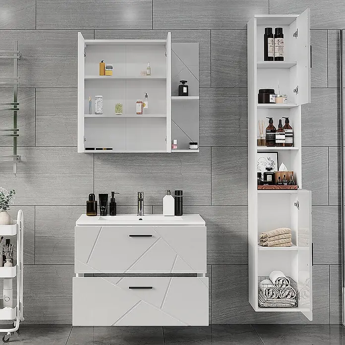 Vicco Badmöbel-Set Irma Weiß/Weiß Hochglanz 4 Teile - Weiß, Glänzend - Weißes Badmöbel-Set: Waschtisch mit Waschbecken, Spiegelschrank und Hochschrank.