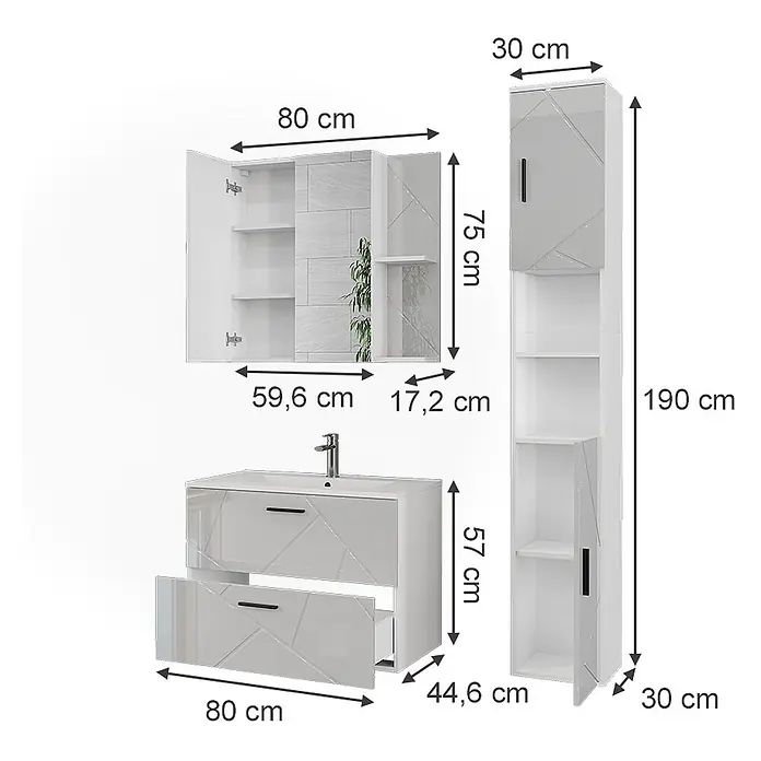Vicco Badmöbel-Set Irma Weiß/Weiß Hochglanz 4 Teile - Weiß, Glänzend - Weißes Badmöbel-Set mit Waschtisch, Spiegelschrank und hohem Hochschrank.