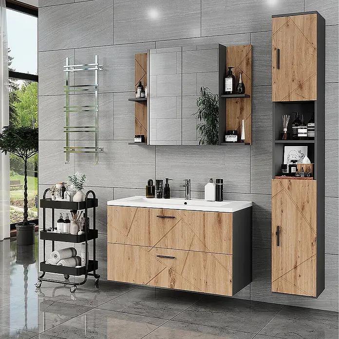 Vicco Badmöbel-Set Irma Anthrazit/Artisan 4 Teile - Anthrazit, Matt - Modernes Badezimmer mit Waschtisch, Spiegelschrank und Hochschrank in Holzoptik, geometrischen Mustern und dunkelgrauen Akzenten.
