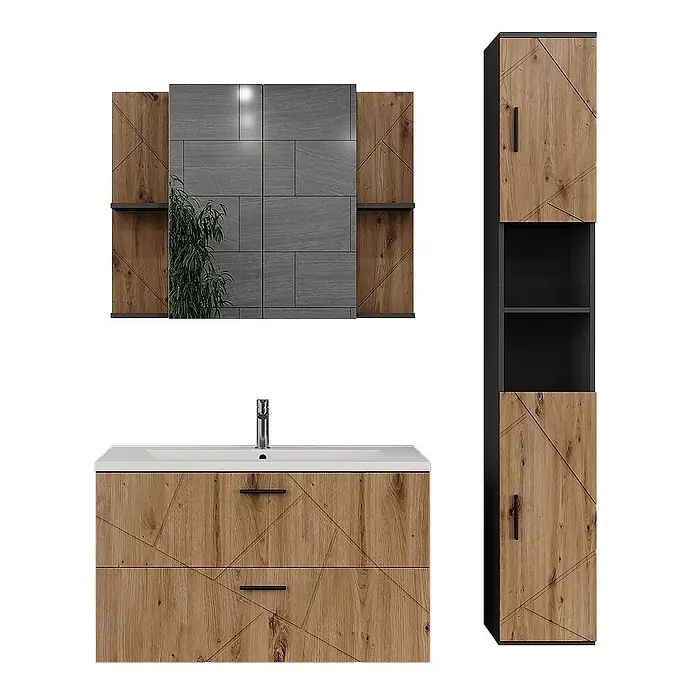 Vicco Badmöbel-Set Irma Anthrazit/Artisan 4 Teile - Anthrazit, Matt - Modernes Badezimmer-Möbelset in Holzoptik mit geometrischem Muster, bestehend aus Waschbeckenunterschrank, Spiegelschrank und Hochschrank mit schwarzen Akzenten.