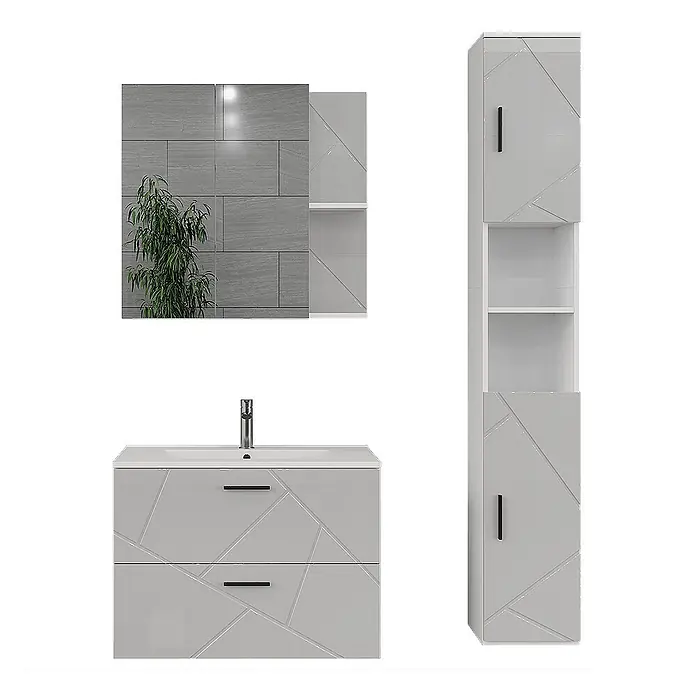 Vicco Badmöbel-Set Irma Weiß/Weiß Hochglanz 4 Teile - Weiß, Glänzend - Hellgraues Badmöbelset mit geometrisch gemusterten Fronten: Hängewaschbeckenunterschrank, Spiegelschrank, Hochschrank.