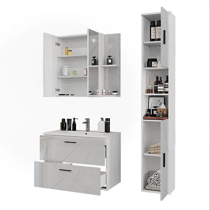 Vicco Badmöbel-Set Irma Weiß/Weiß Hochglanz 4 Teile - Weiß, Glänzend - Weißes Hochglanz-Badmöbelset mit geometrischen Details, bestehend aus Wandschrank, Waschbeckenunterschrank und hohem Stauraum, teilweise offen.