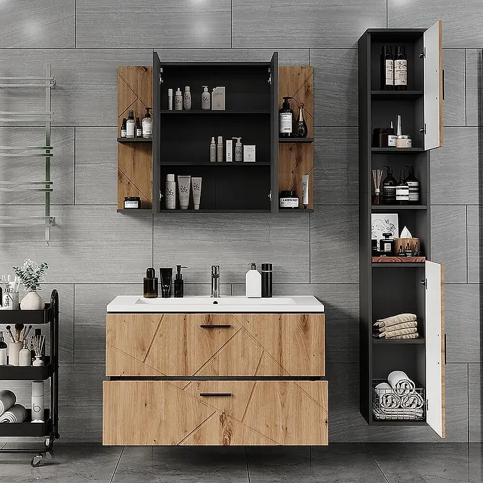 Vicco Badmöbel-Set Irma Anthrazit/Artisan 4 Teile - Anthrazit, Matt - Modernes Badezimmerset mit Holzschubladen, weißem Waschbecken und anthrazitfarbenen Schränken.