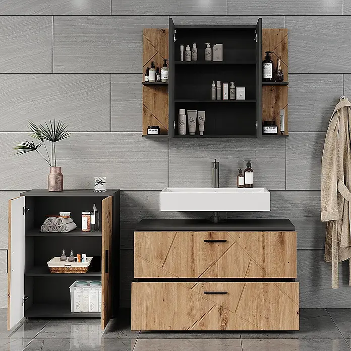 Vicco Badmöbel-Set Irma Anthrazit/Artisan 3 Teile - Anthrazit, Matt - Modernes Badezimmermöbelset mit dunkelgrauen Korpen und Holzdekorfronten: Waschtisch, Hochschrank und Spiegelschrank.