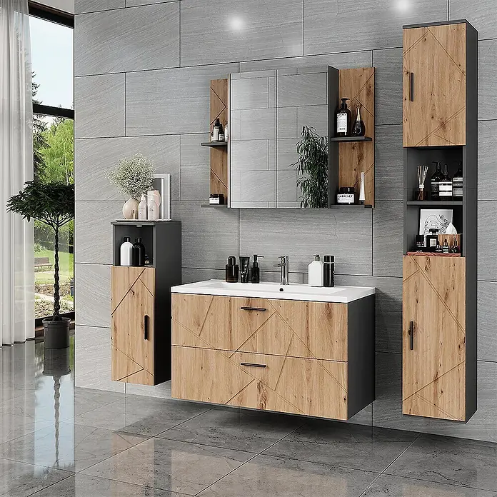 Vicco Badmöbel-Set Irma Anthrazit/Artisan 4 Teile - Anthrazit, Matt - Modernes Badmöbelset mit Holzoptik-Fronten und geometrischem Muster, dunklen grauen Rahmen, Waschtisch, Spiegelschrank und Stauraum.
