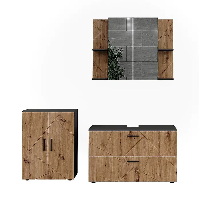 Vicco Badmöbel-Set Irma Anthrazit/Artisan 3 Teile - Anthrazit, Matt - Modernes Badezimmerset in Holzoptik mit geometrischem Muster, schwarzen Platten und Griffen. Inklusive Wandspiegel mit Regalen, Waschbeckenunterschrank und Kommode.