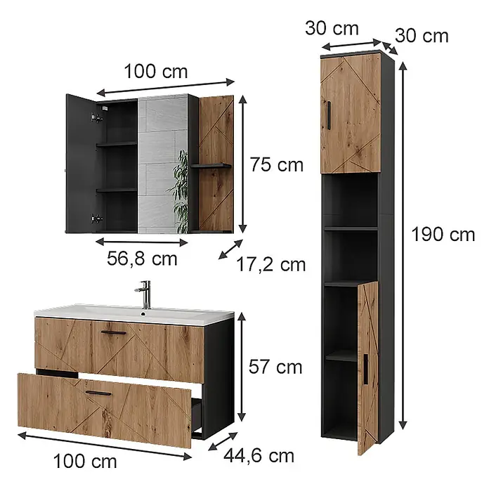 Vicco Badmöbel-Set Irma Anthrazit/Artisan 4 Teile - Anthrazit, Matt - Modernes Badmöbelset in Dunkelgrau und heller Holzoptik mit geometrischem Muster, bestehend aus Waschtisch, Spiegelschrank und Hochschrank.