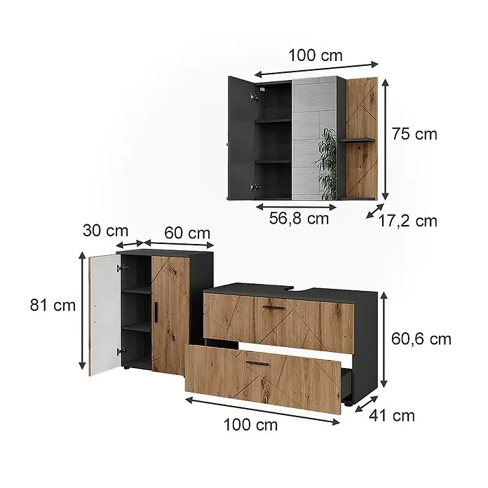 Vicco Badmöbel-Set Irma Anthrazit/Artisan 3 Teile - Anthrazit, Matt - Modulares Badmöbelset mit dunkelgrauen Rahmen und Holzoptikfronten. Besteht aus Wandschrank, Waschtischunterschrank und Seitenschrank.