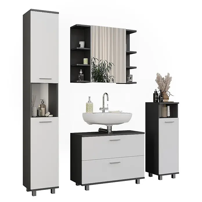 Vicco Badmöbel-Set Ilias Anthrazit/Weiß 4 Teile - Anthrazit, Matt - Badmöbelset in Weiß und Dunkelgrau mit Hochschrank, Spiegelschrank, Waschtisch mit Waschbecken und Unterschrank.