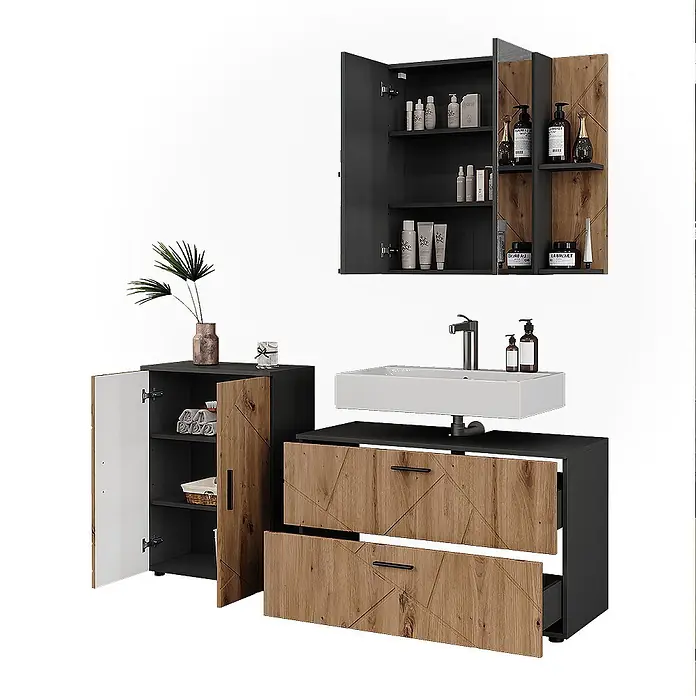 Vicco Badmöbel-Set Irma Anthrazit/Artisan 3 Teile - Anthrazit, Matt - Modernes Badmöbel-Set in Dunkelgrau und Holzoptik mit Wandschrank, Waschtisch mit Waschbecken und Seitenschrank, mit geometrischem Muster.