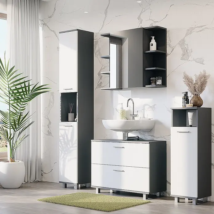 Vicco Badmöbel-Set Ilias Anthrazit/Weiß 4 Teile - Anthrazit, Matt - Weiß-dunkelgraue modulare Badmöbel mit Waschbecken, Spiegel und Schränken in einem modernen Bad.