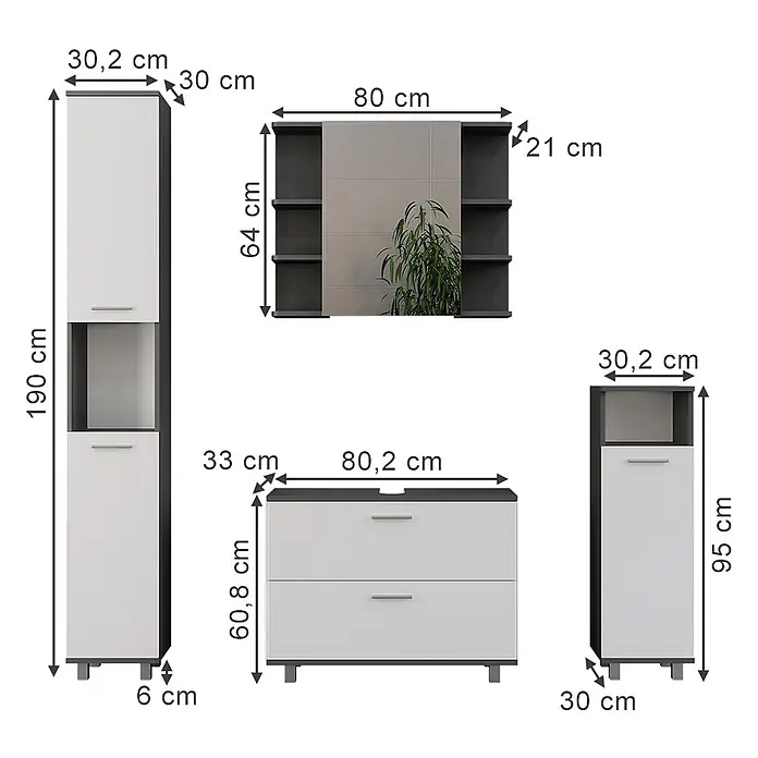 Vicco Badmöbel-Set Ilias Anthrazit/Weiß 4 Teile - Anthrazit, Matt - Weiß-graues Badmöbelset mit Hochschrank, Unterschrank, Spiegelschrank und Seitenschrank in verschiedenen Größen.