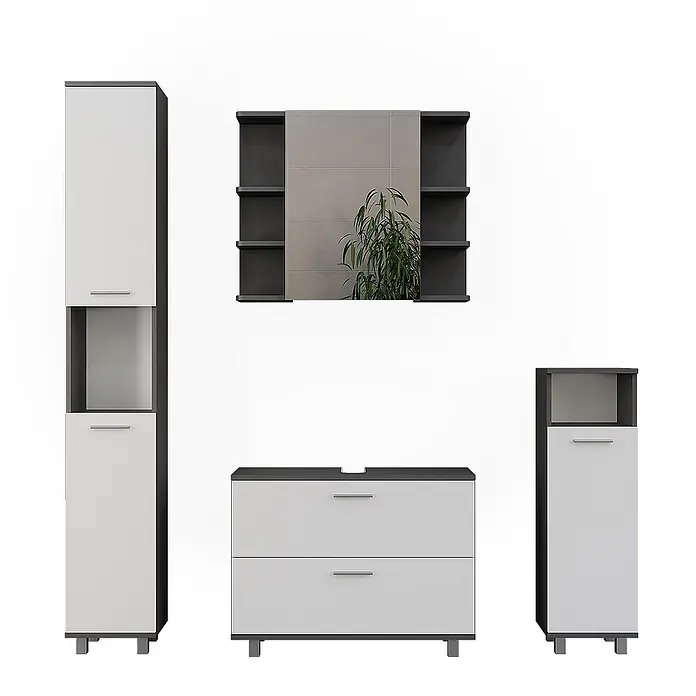 Vicco Badmöbel-Set Ilias Anthrazit/Weiß 4 Teile - Anthrazit, Matt - Weiß-dunkelgraues Badezimmermöbel-Set mit Schränken, Schubladen und Regalen für Stauraum.