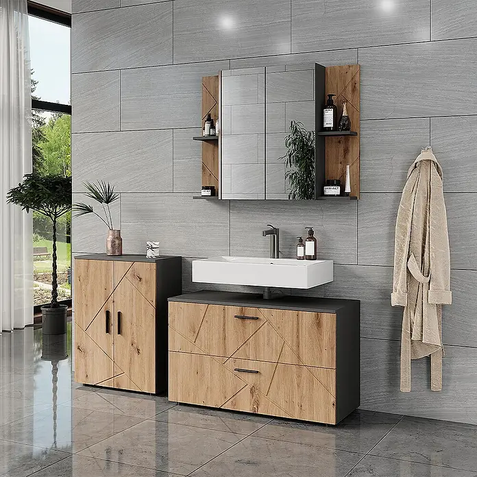 Vicco Badmöbel-Set Irma Anthrazit/Artisan 3 Teile - Anthrazit, Matt - Modernes Badezimmermöbel-Set mit holzfarbenen Schränken und weißem Waschbecken, mit geometrischen Mustern.